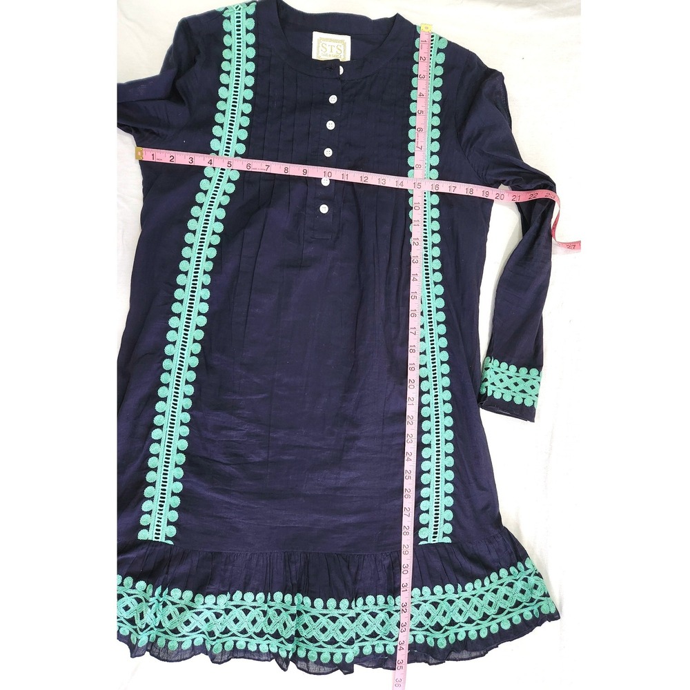 Sail to Sable Navy Blue Mint Green Embroidered Cotton Tunic Ruffle Dress Small - Picture 3 of 6